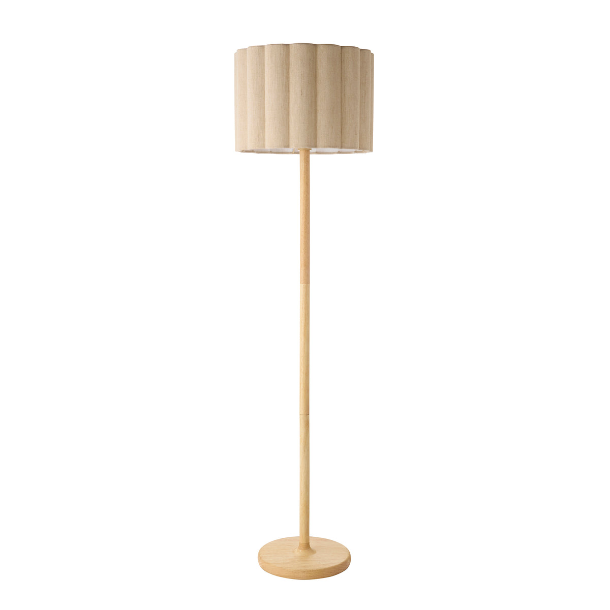 Olson oak-stained floor lamp shown full length with its scalloped fabric drum shade and disc base