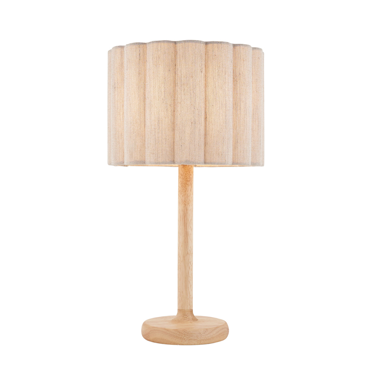 Olson oak table lamp with natural fabric scalloped drum shade on a slim turned stem and oval base