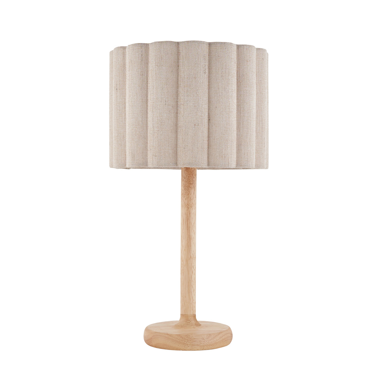 Olson oak table lamp with pale natural linen scalloped shade shown against a plain background