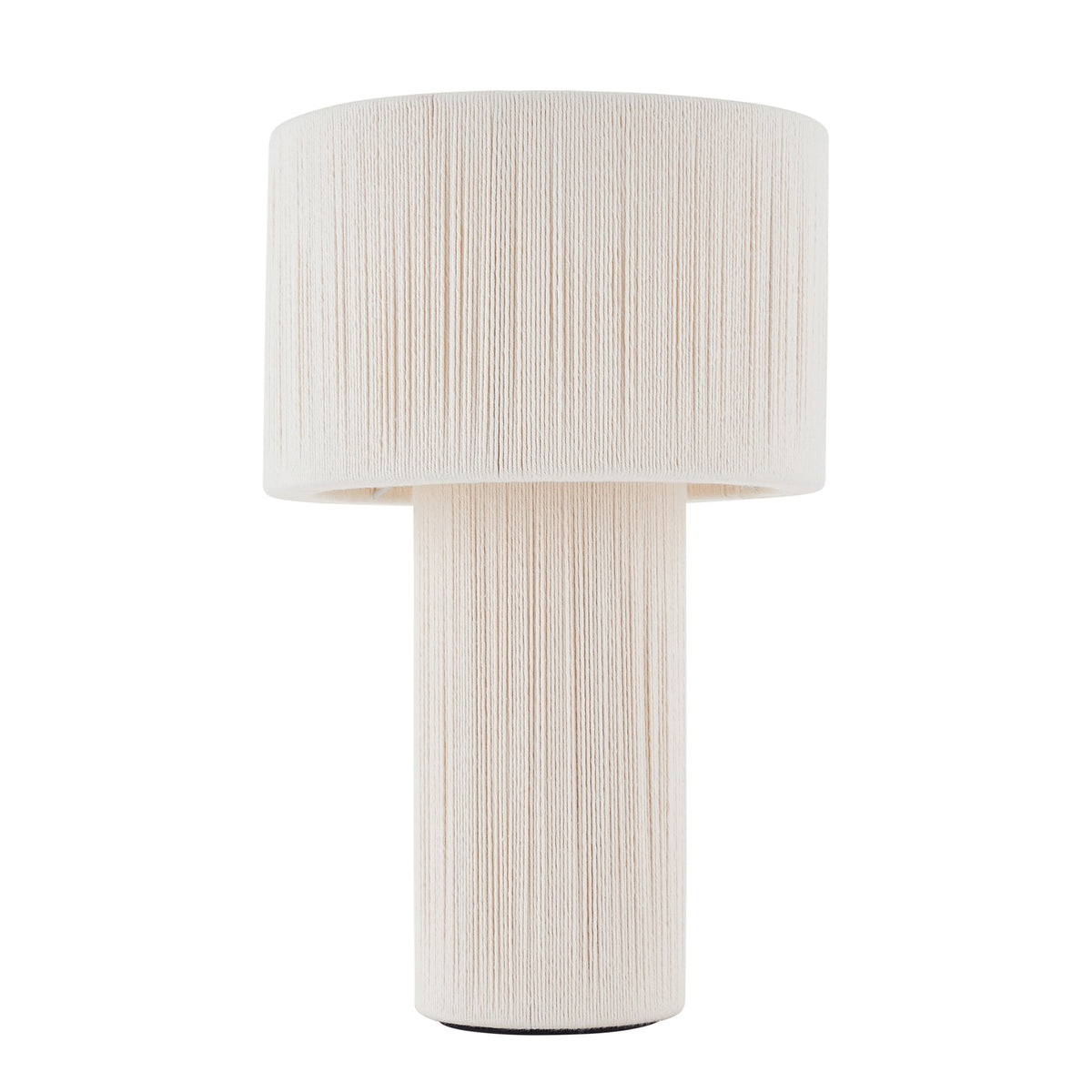 Noah cream cotton table lamp with cord-wrapped column base and drum shade, unlit studio shot