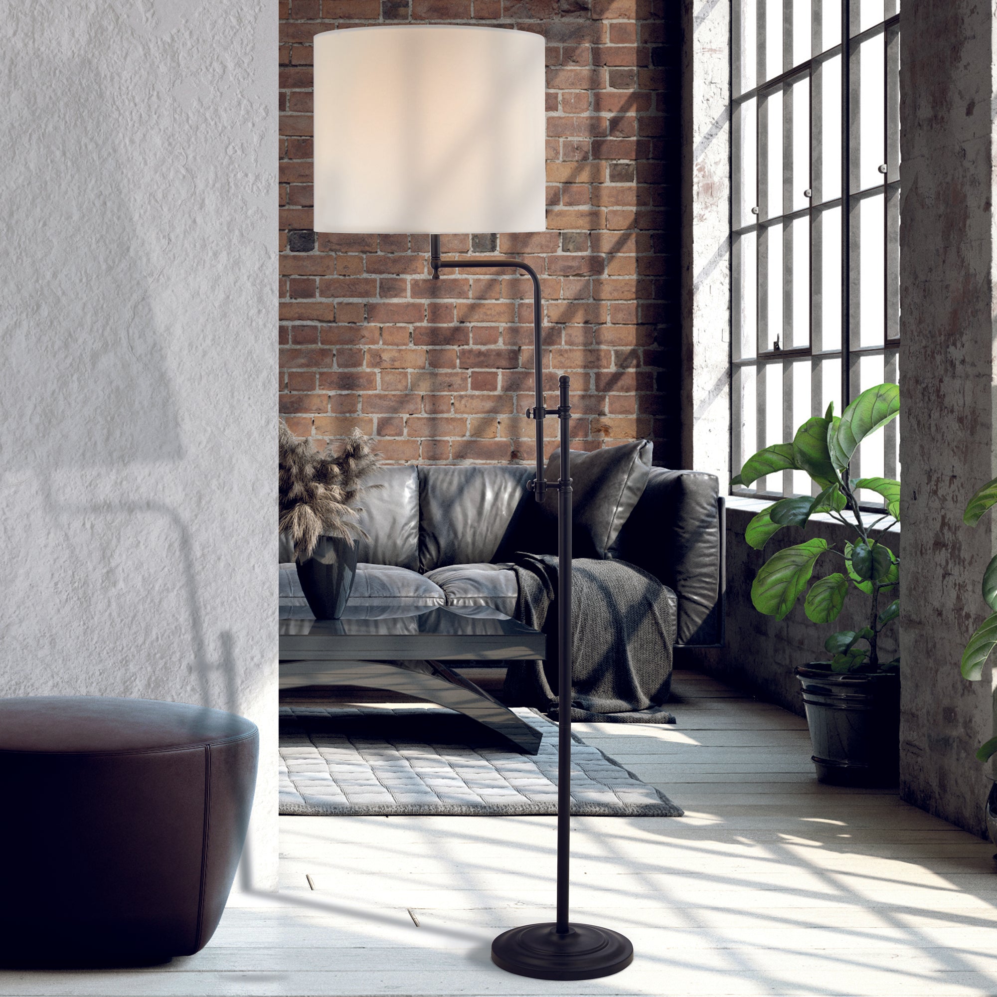 Searchlight Munich Black Floor Lamp With Natural Linen Shade