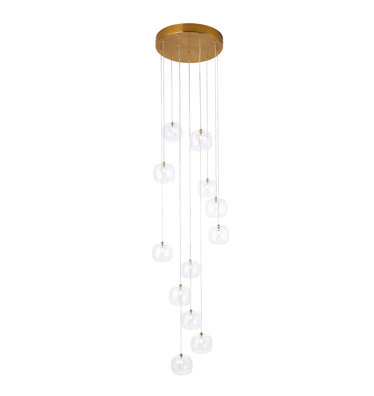 Oslo brushed aged brass cascade pendant with twelve clear glass globes on a round ceiling plate