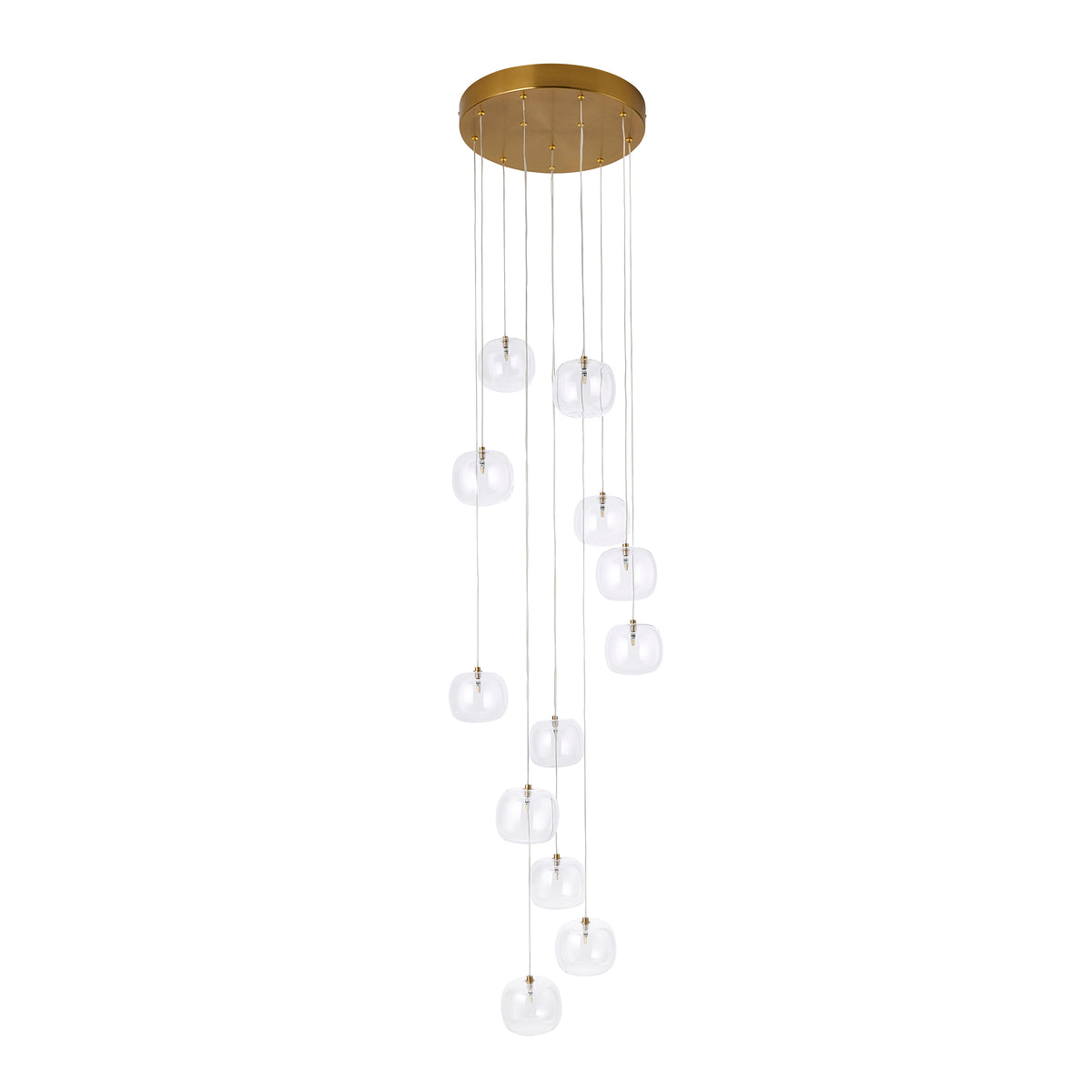 Full-length view of the Oslo cascade pendant's twelve clear glass globes on a brass plate