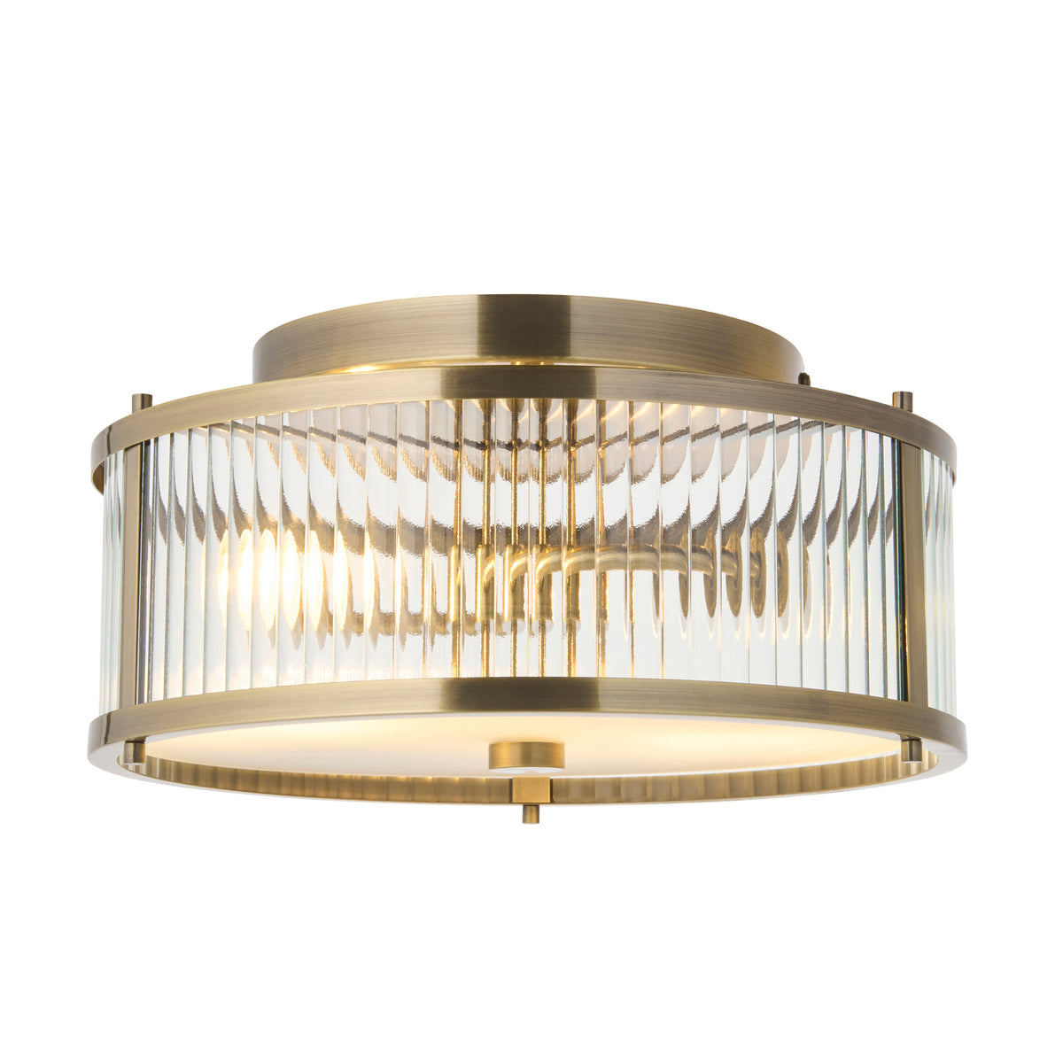 Ridgeton antique brass bathroom flush ceiling light with ribbed clear glass drum and opal diffuser
