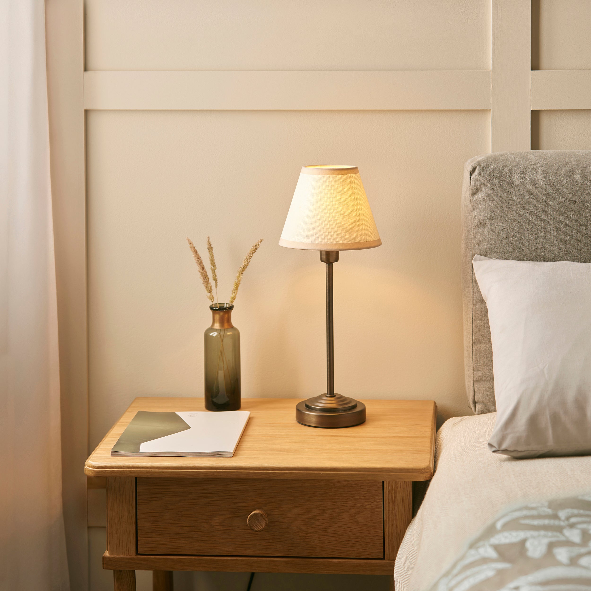 Rise Bronze Table Lamp & Vintage White Ikat 16cm Shade