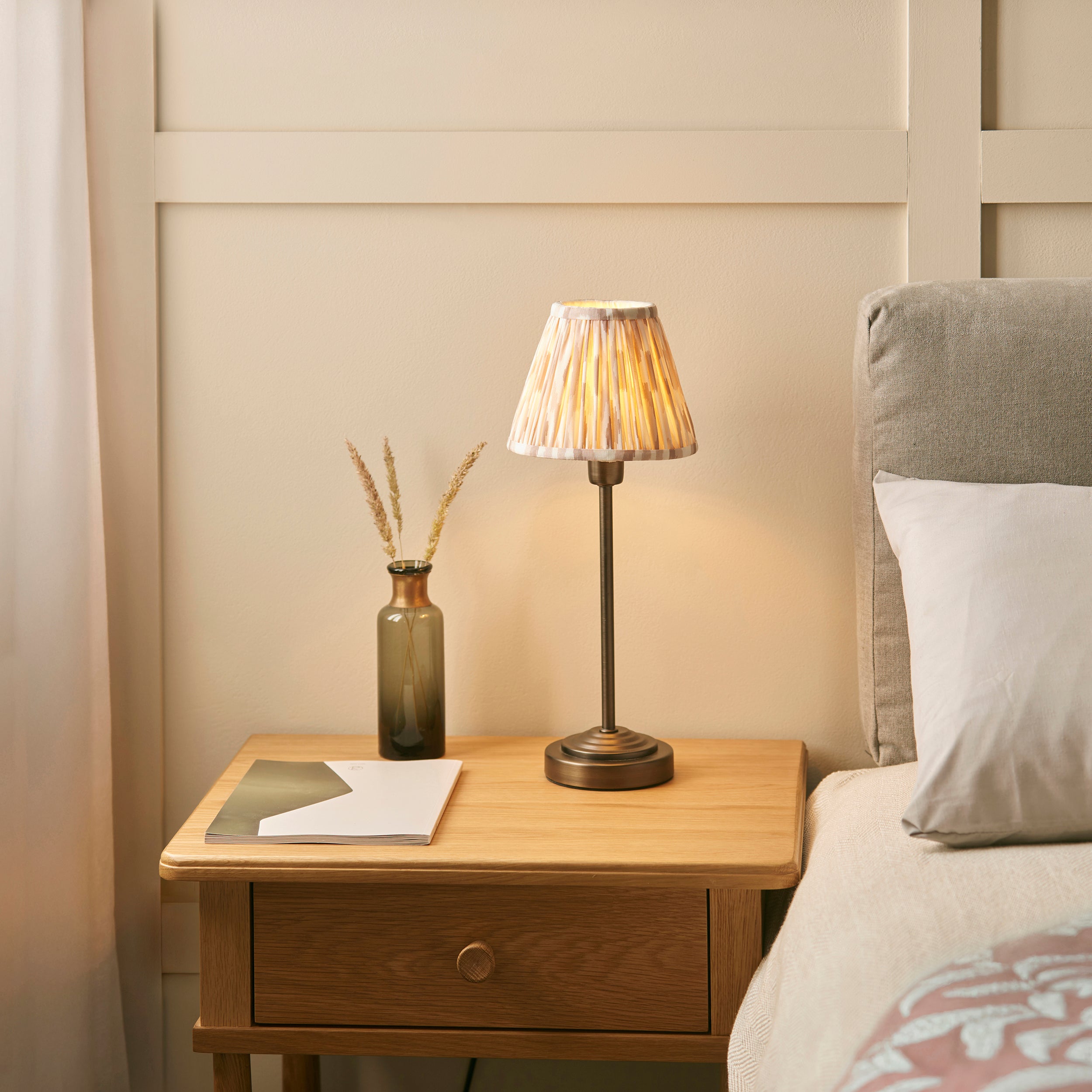 Rise Bronze Table Lamp & Neutral Ikat 16cm Shade