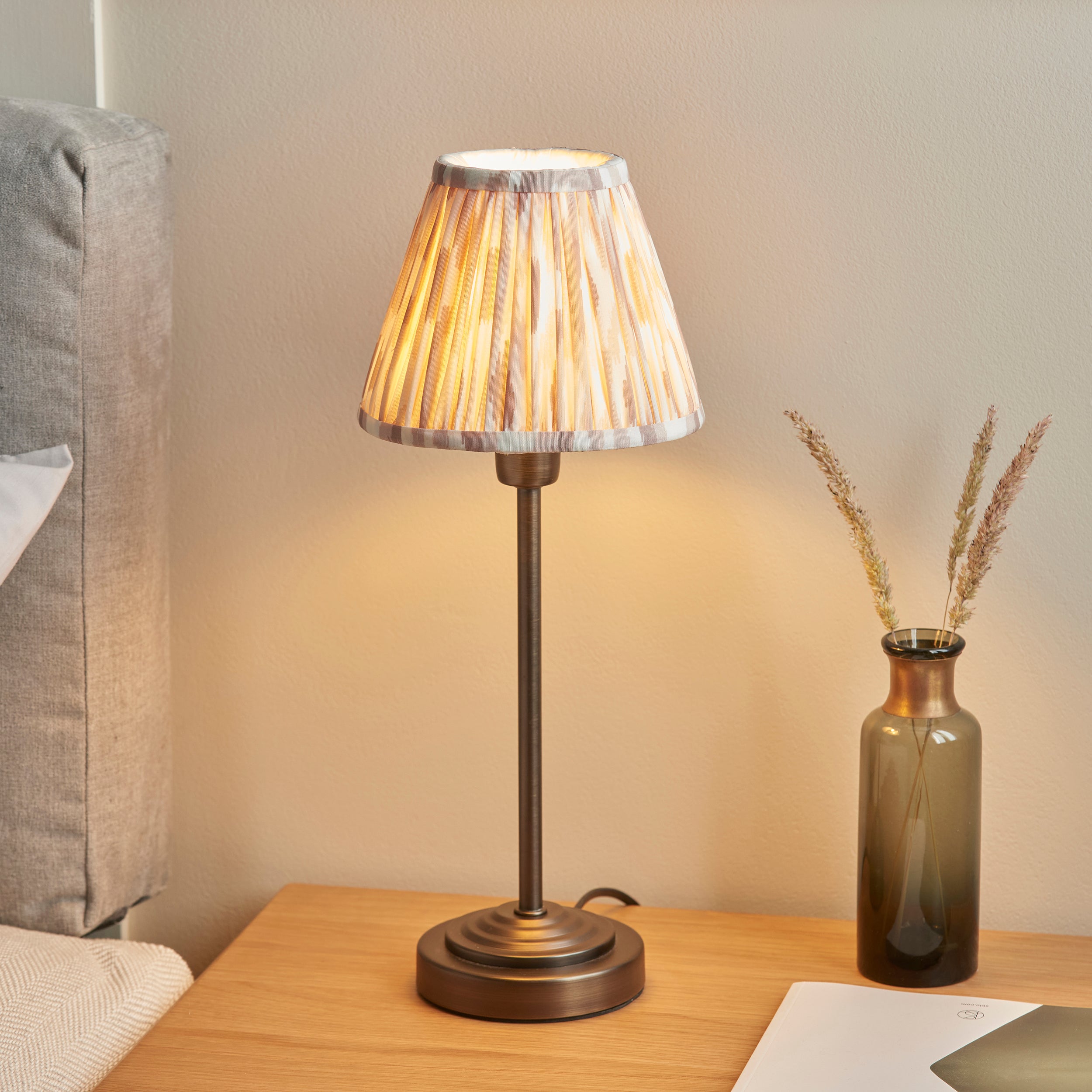 Rise Bronze Table Lamp & Neutral Ikat 16cm Shade