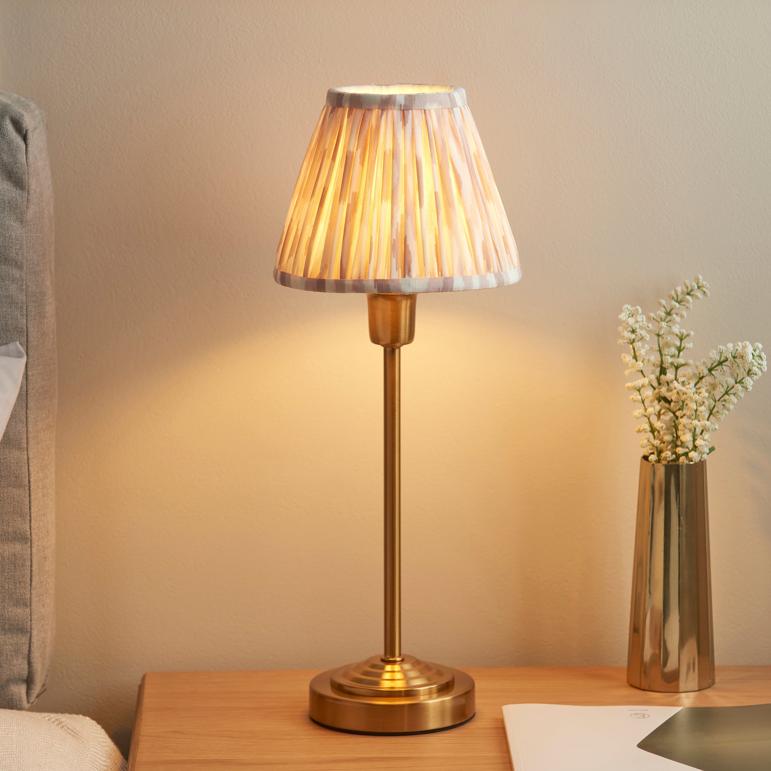 Rise Brass Table Lamp & Neutral Ikat 16cm Shade
