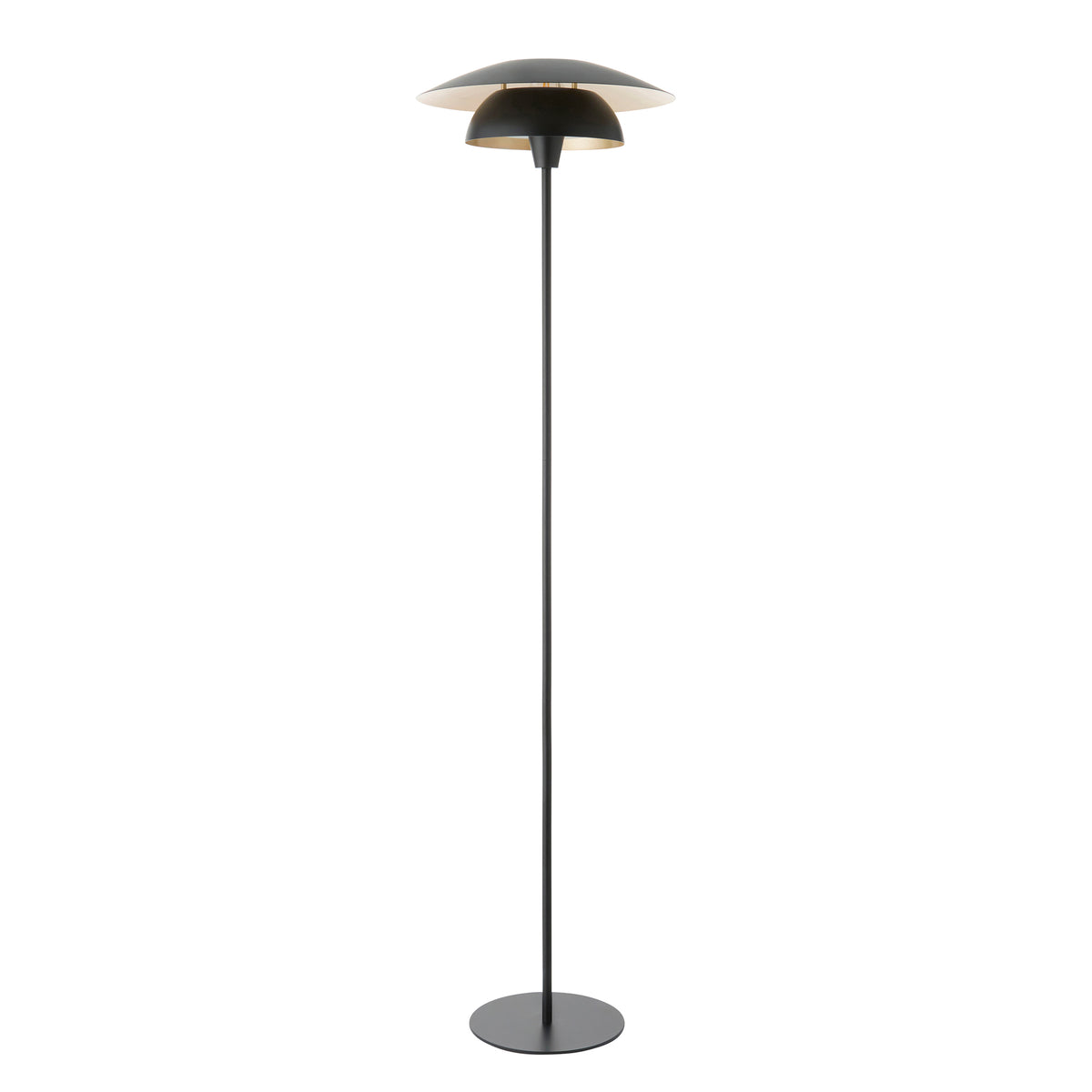 Lyon floor lamp in matt black with brass-lined layered shade and disc base