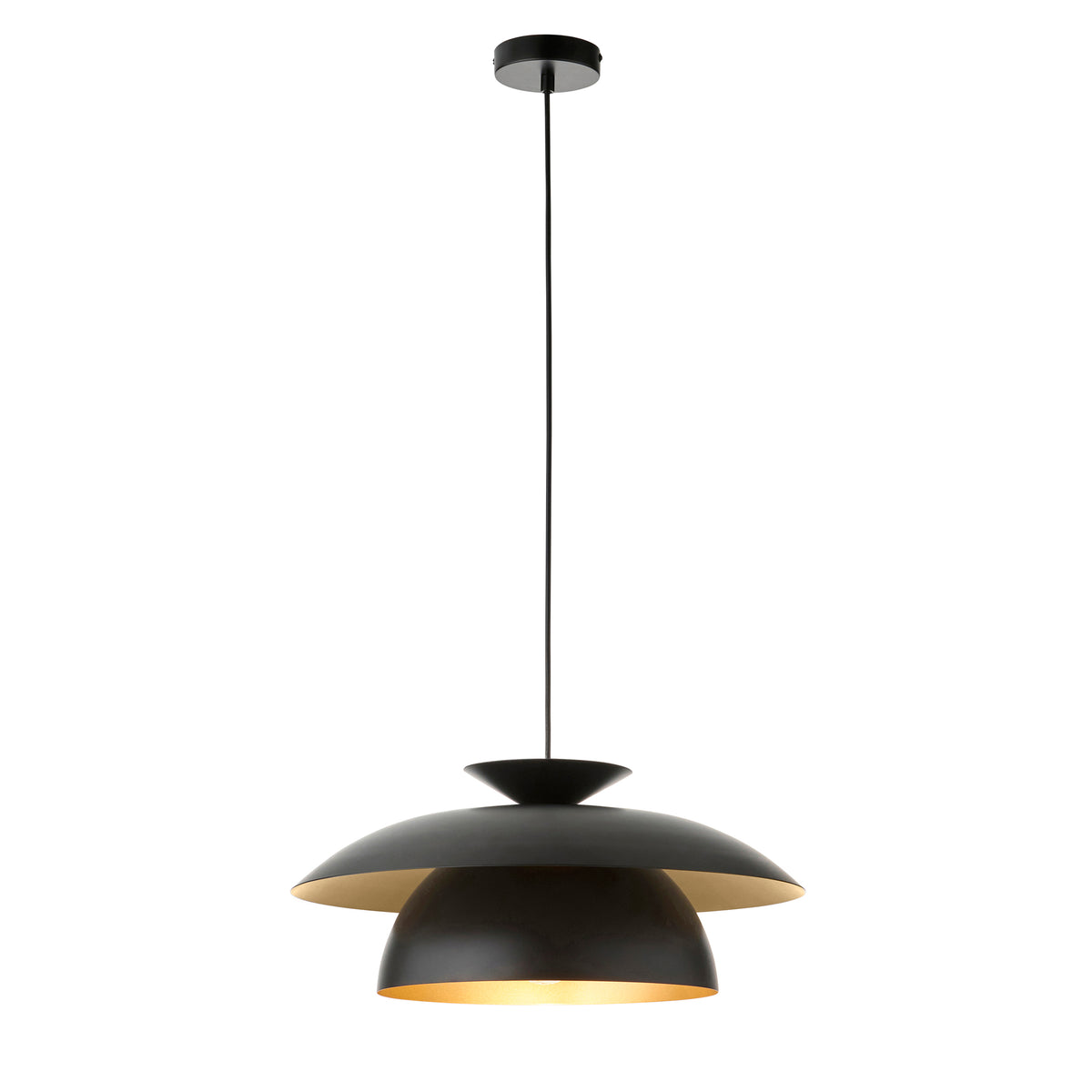 Lyon black and brass ceiling pendant with layered domed shades on an adjustable black flex
