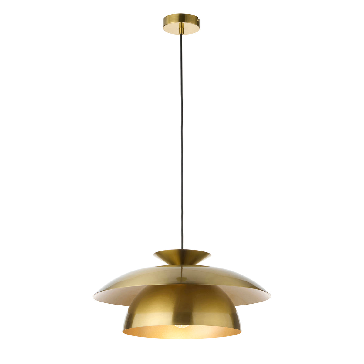 Lyon satin brass pendant light with layered saucer and domed shades on an adjustable flex