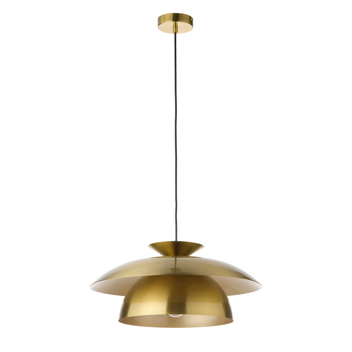 Lyon pendant in satin brass with tiered shades, flex and ceiling rose