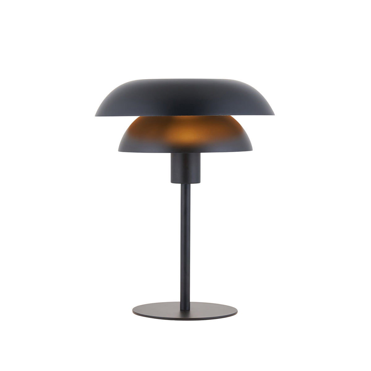 Lyon black and brass table lamp with layered domed shades, slim stem and round disc base