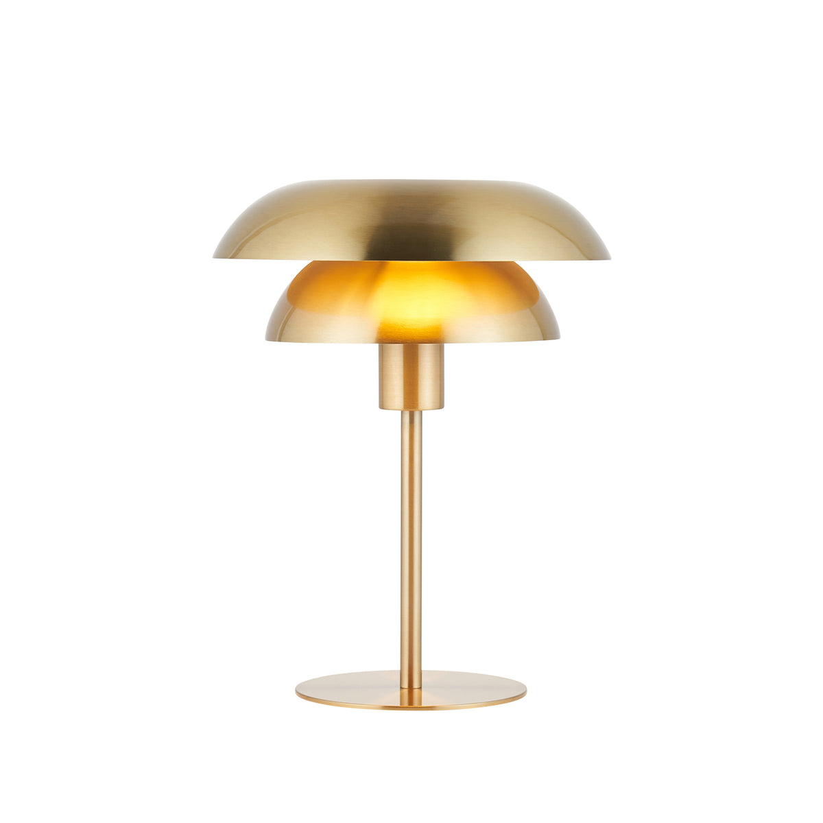 Lyon satin brass table lamp with layered domed shades, slender stem and round base, lit