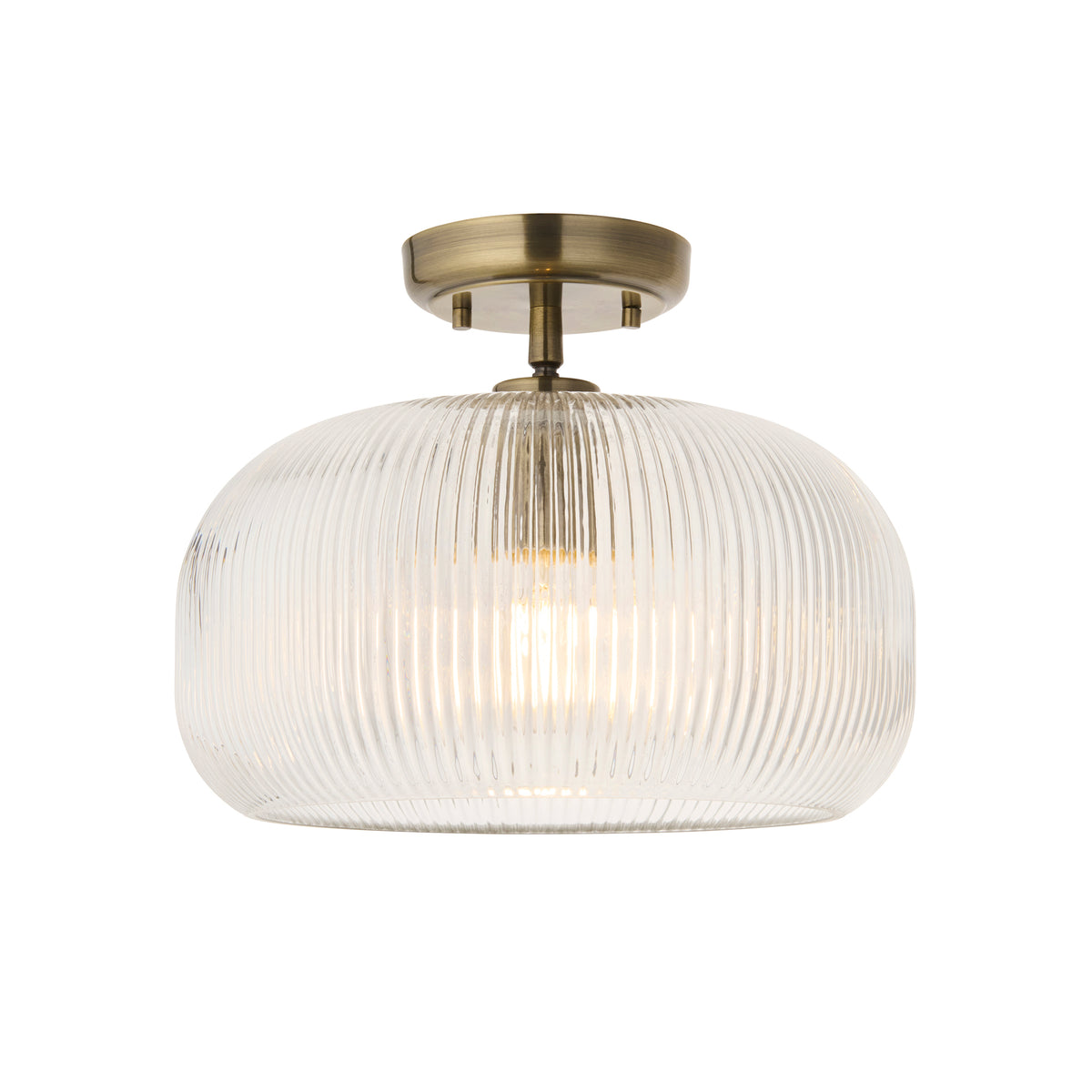 Harborne flush ceiling light with ribbed clear glass shade and antique brass fitting