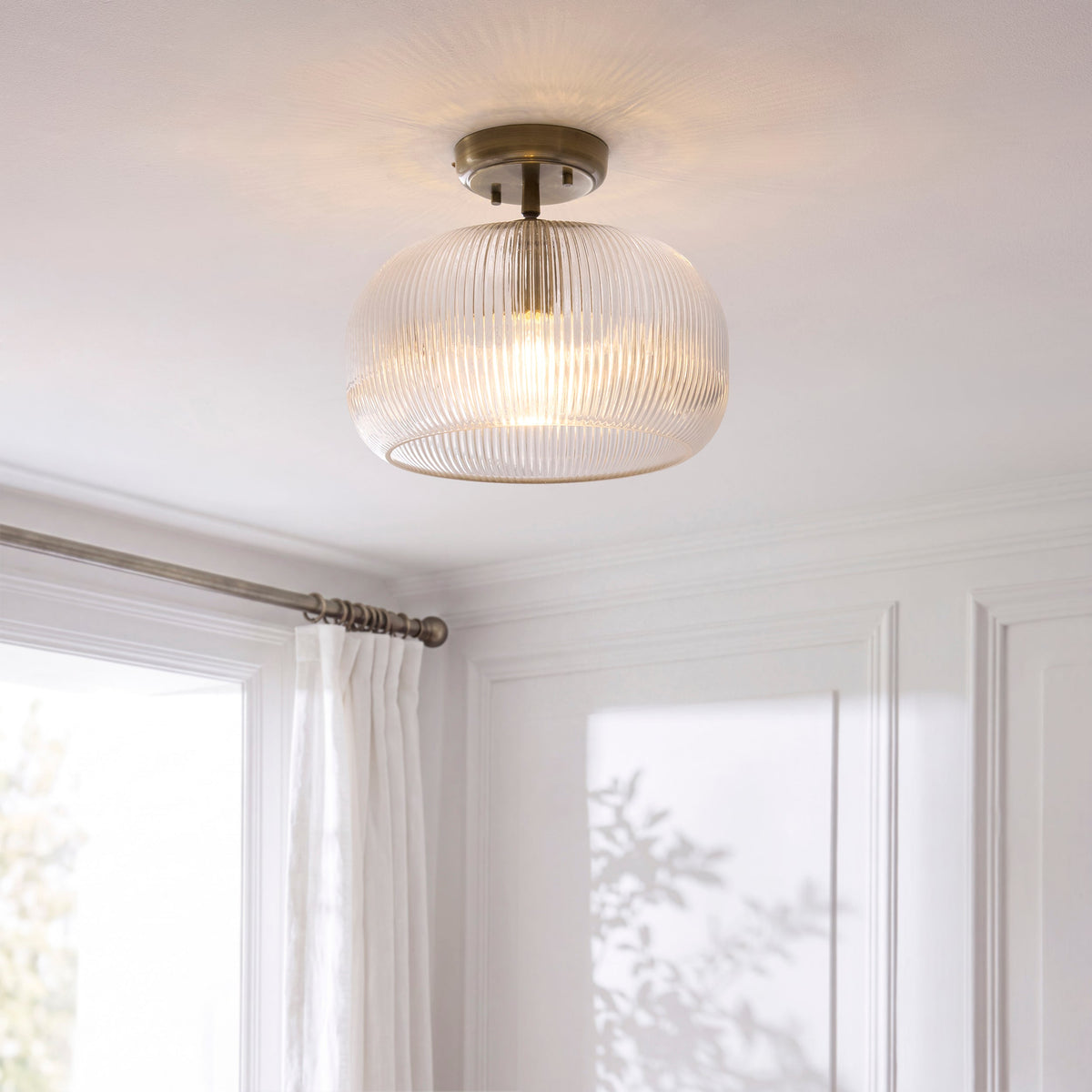 Harborne Antique Brass Flush Ceiling Light - Ribbed Glass-warehouse-091026