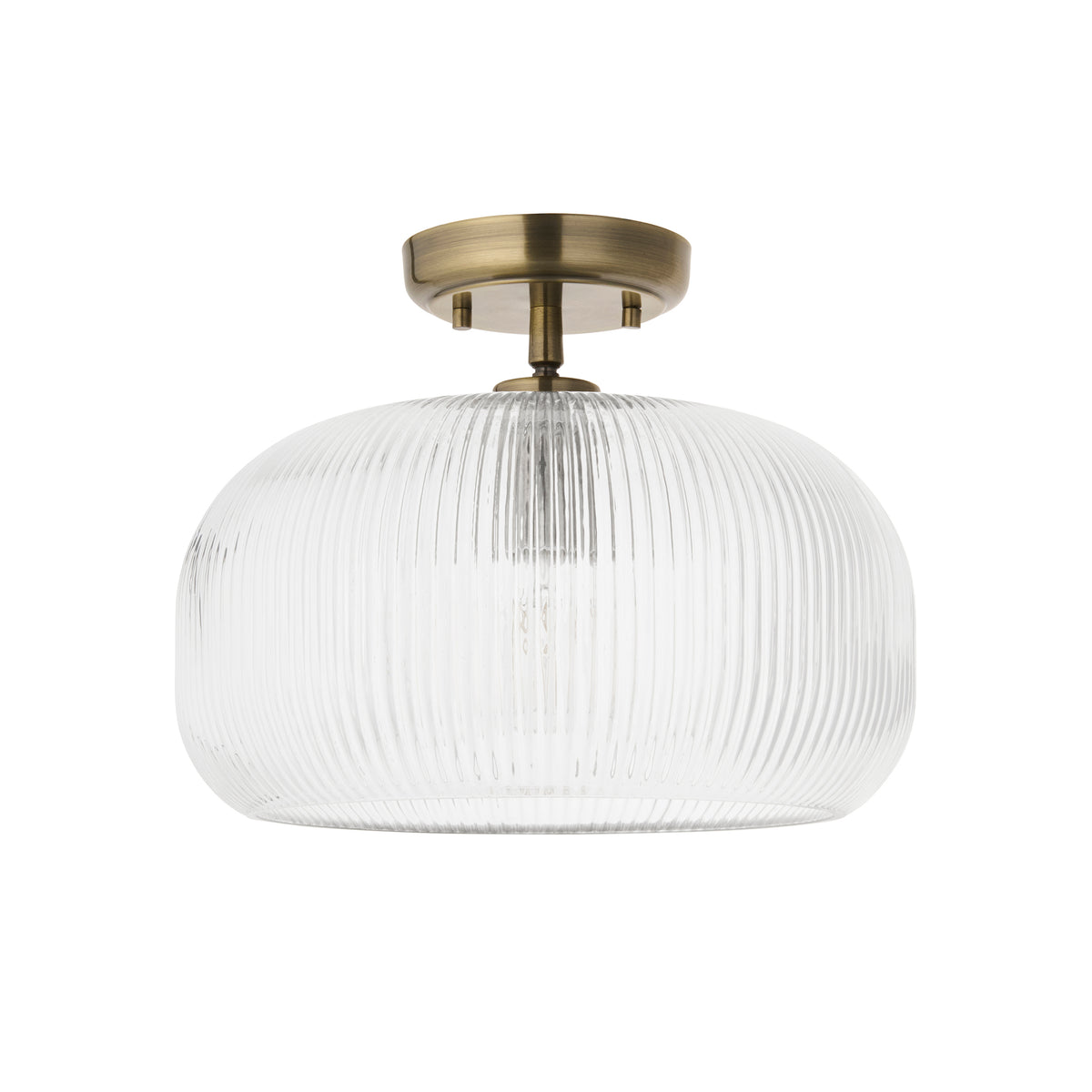 Harborne flush ceiling light in antique brass with clear ribbed glass dome, unlit