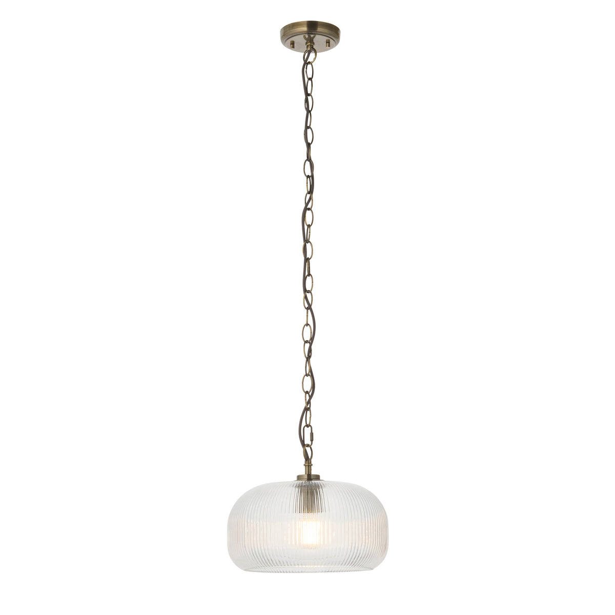 Harborne antique brass pendant light with clear ribbed glass dome shade on a chain suspension