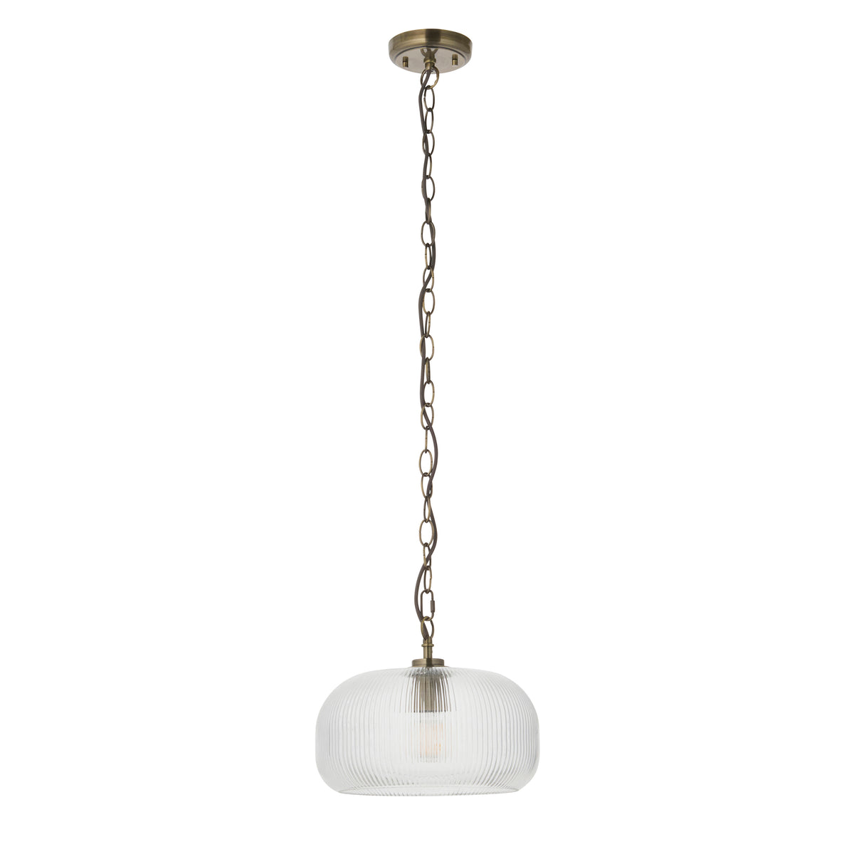 Harborne antique brass chain pendant with squat ribbed glass shade, unlit on a plain white background