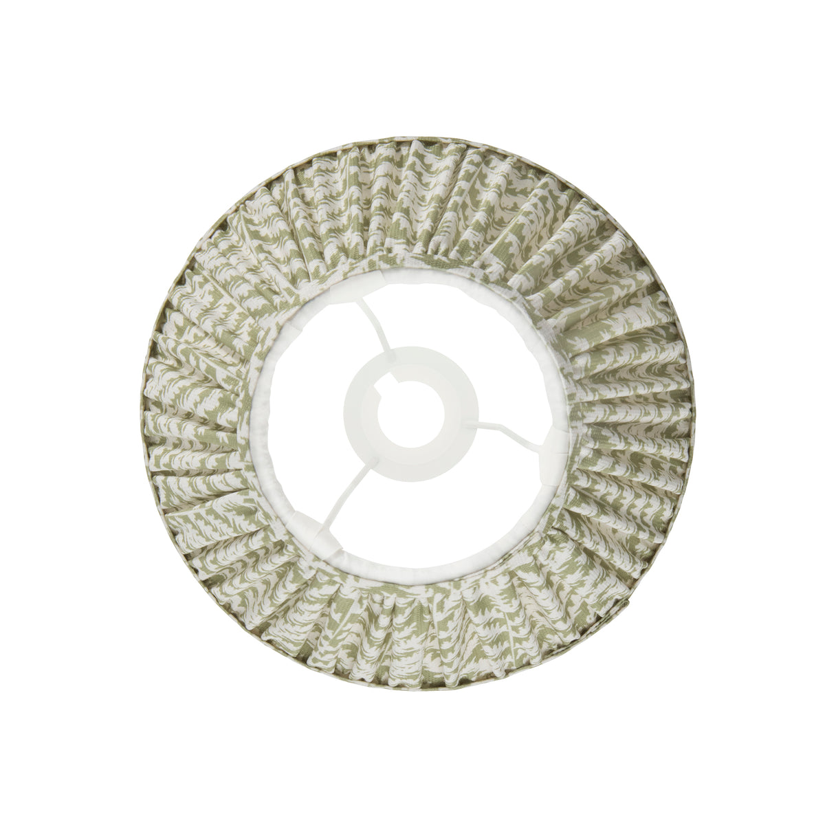 Underside of the Leaf Garden Green pleated shade showing the white gimbal ring and pleated lining