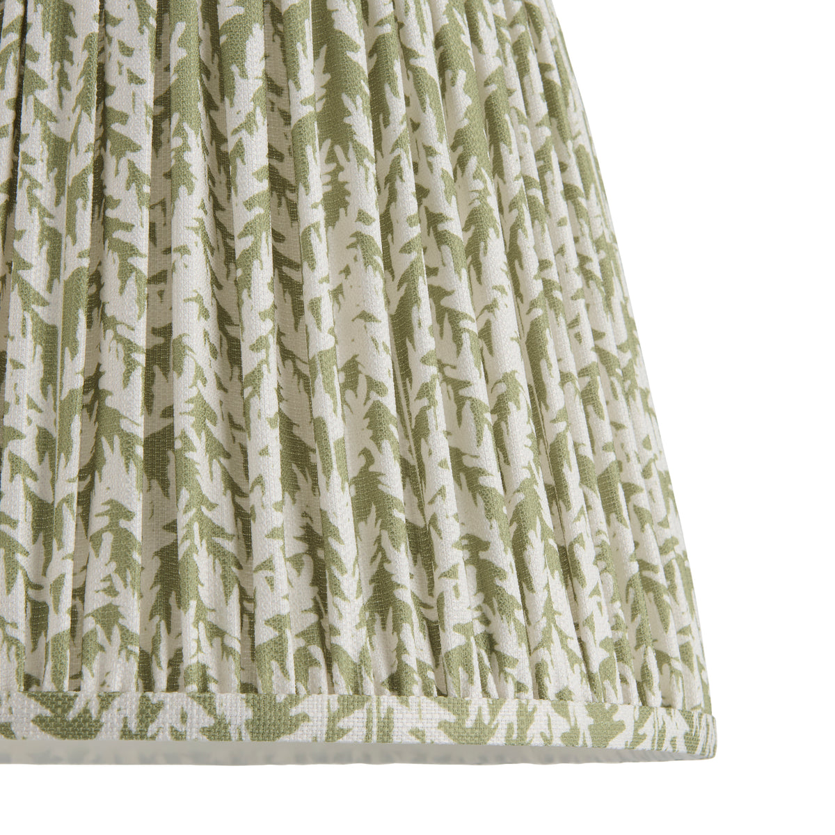 Fabric detail showing crisp pleats and green leaf motifs on the Leaf Garden Green 35cm lamp shade