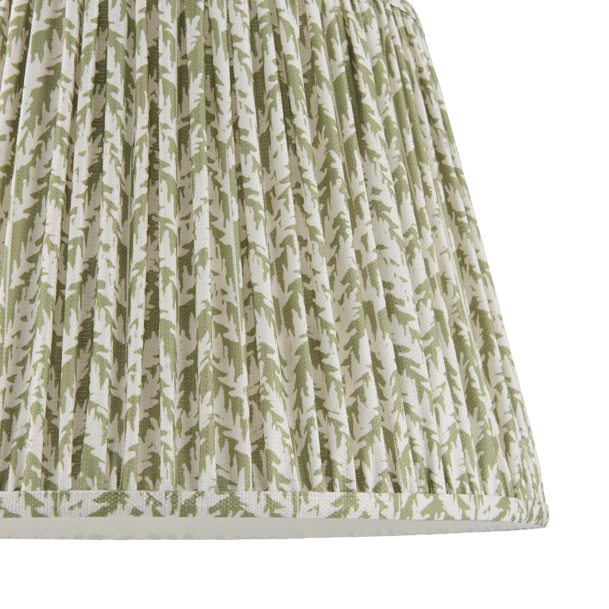 Detail of pleating and green leaf pattern at the trimmed lower rim of the Leaf Herb Garden shade