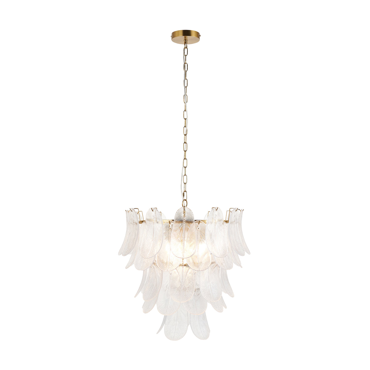 Autumn brushed aged brass pendant light with tiered clear glass leaf plates on a chain suspension