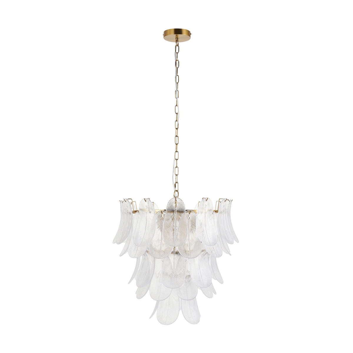 Full view of the Autumn brass pendant light, its glass leaf tiers hanging from a brass chain