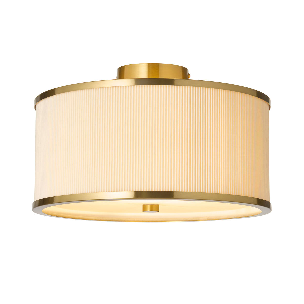 Lexi brass flush ceiling light with ivory pleated drum shade and frosted glass diffuser
