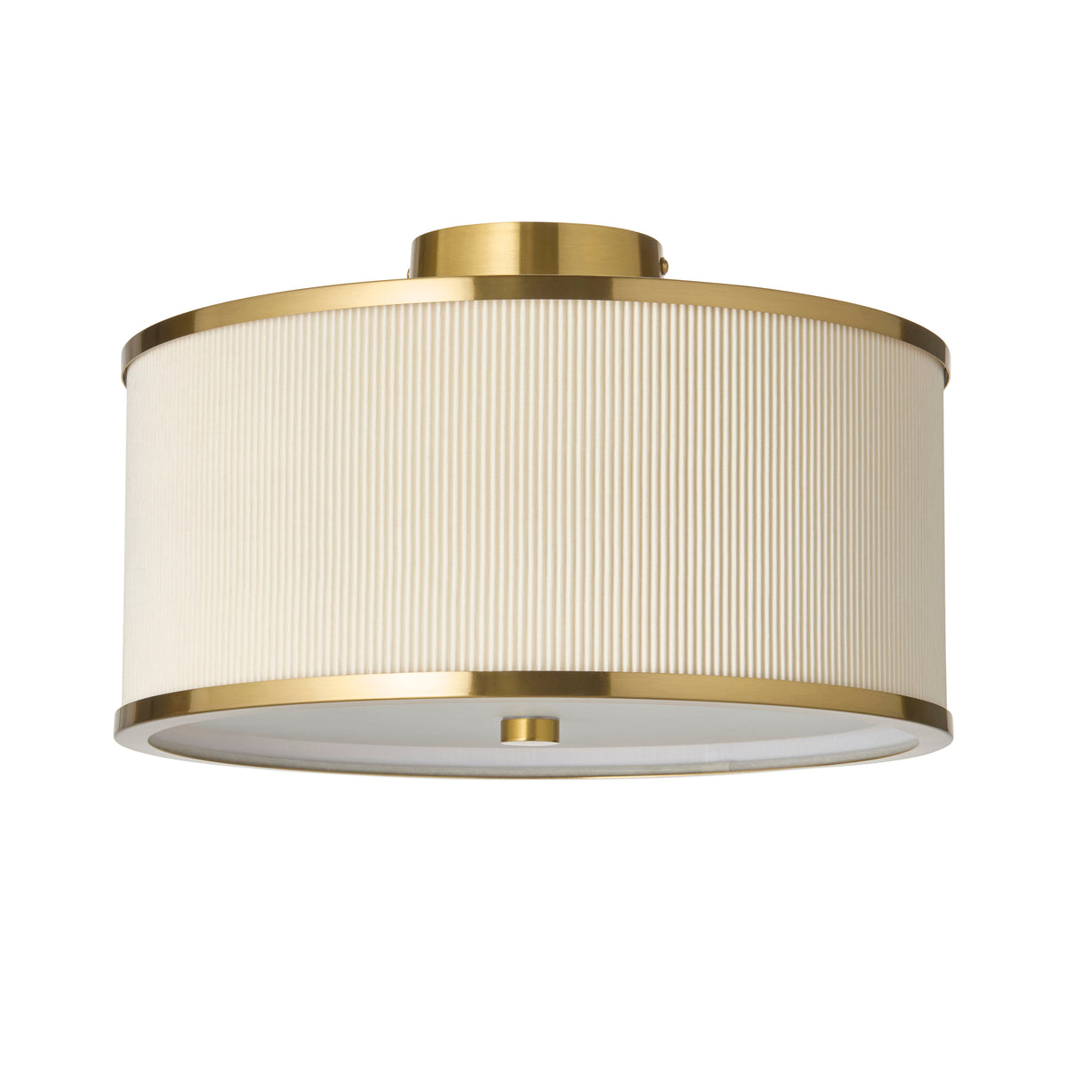 Lexi brass flush ceiling light with ivory pleated drum shade, unlit on a white background