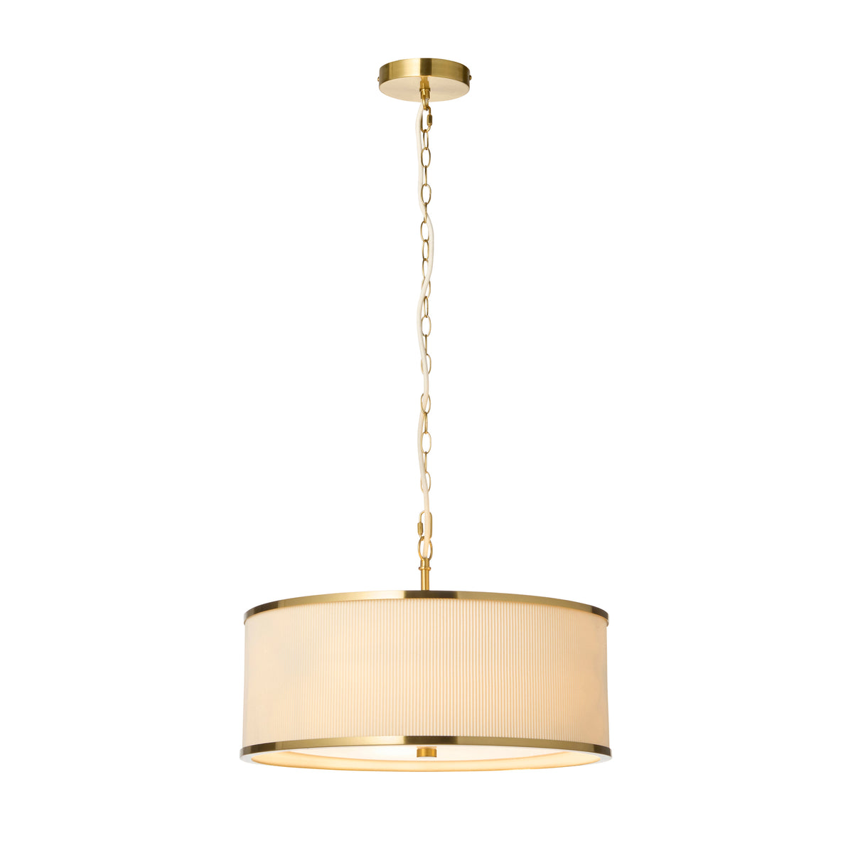 Lexi ivory and aged brass drum pendant light on a chain, shown on a plain white background