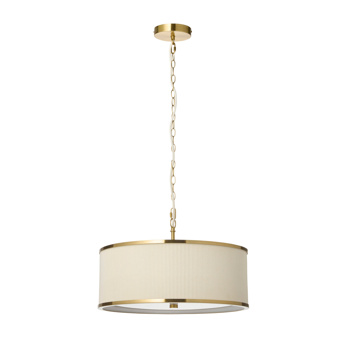 Lexi dimmable pendant light with pleated ivory drum shade and brass banding, product view