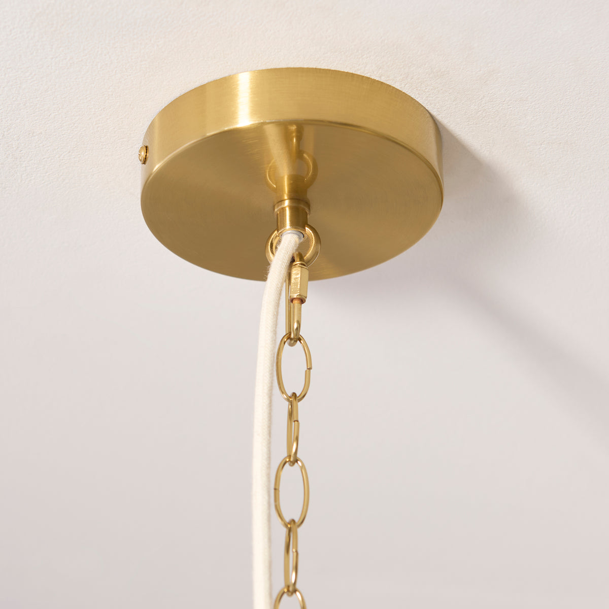 Brushed brass ceiling rose with chain and braided ivory flex from the Lexi pendant light