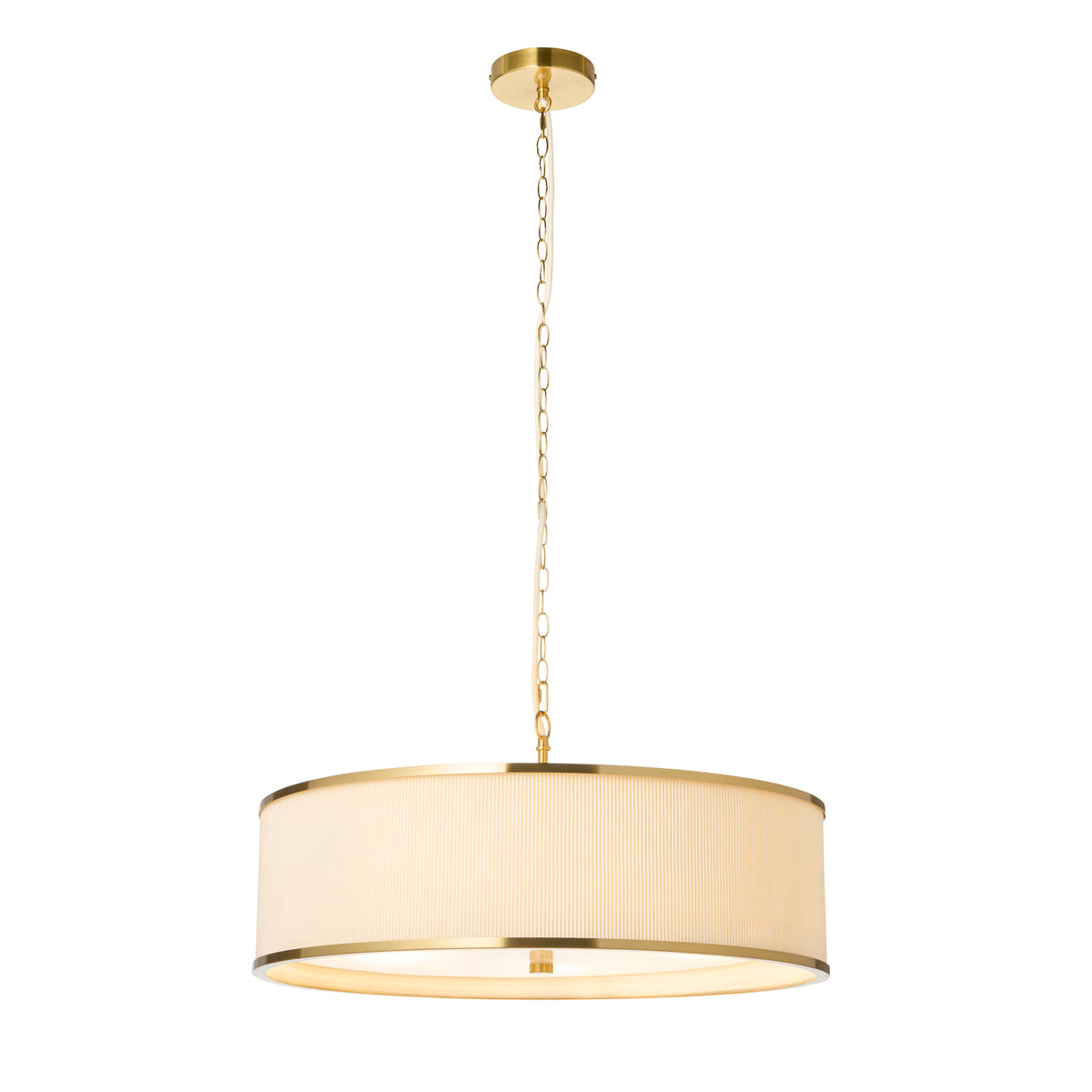 Lexi ivory pleated drum pendant with aged brass detail, shown on a white background