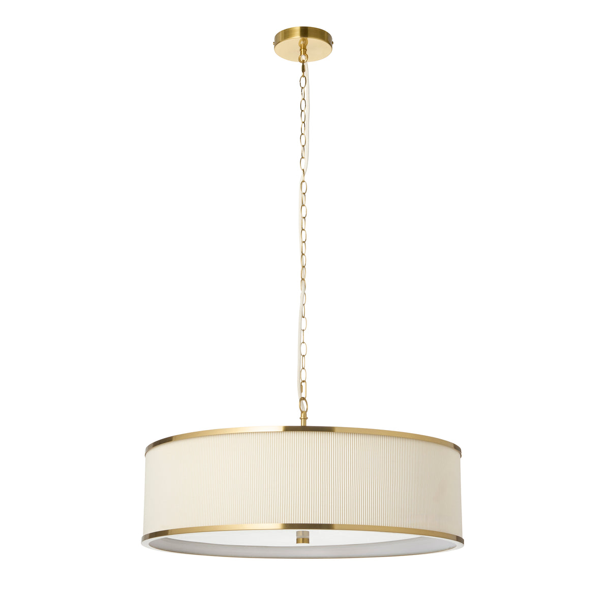 Lexi aged brass pendant light with wide ivory pleated shade hanging from a brass chain
