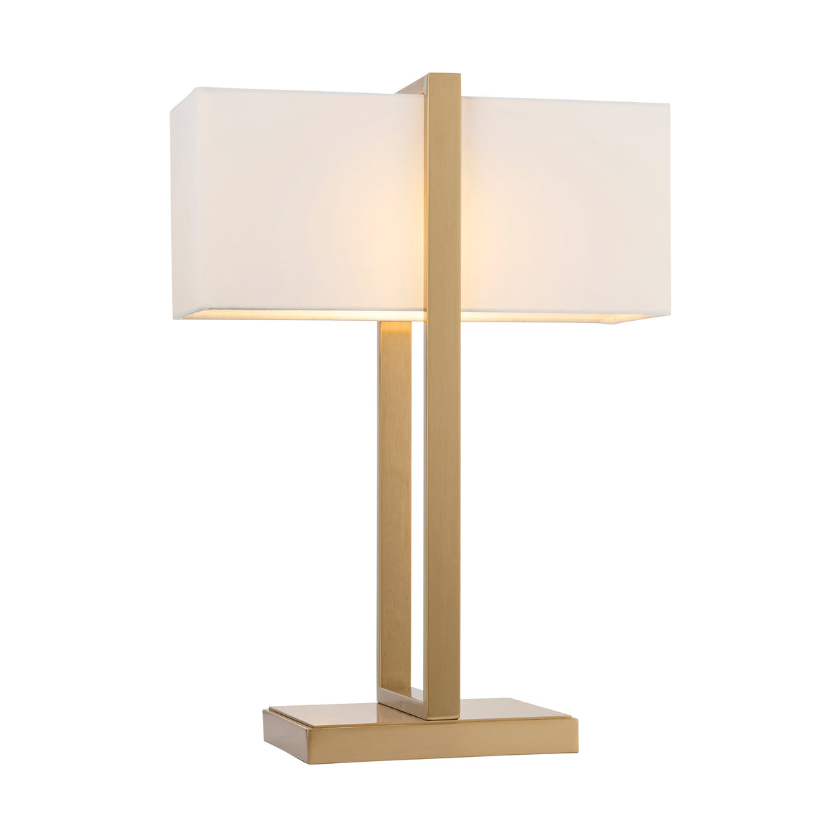Seattle brushed aged brass table lamp with twin rectangular ivory fabric shades on a stepped square base