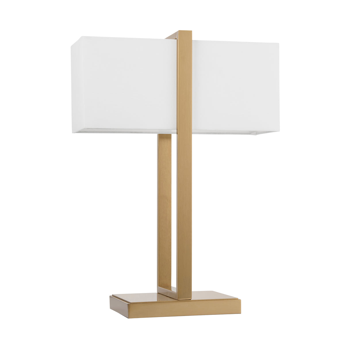 Seattle brushed aged brass table lamp shown unlit with its twin ivory rectangular fabric shades