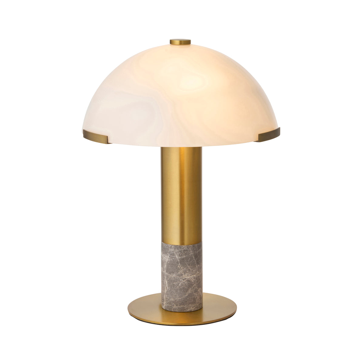 Hansel table lamp with domed opal glass shade, warm brass stem and grey marble column on a round base