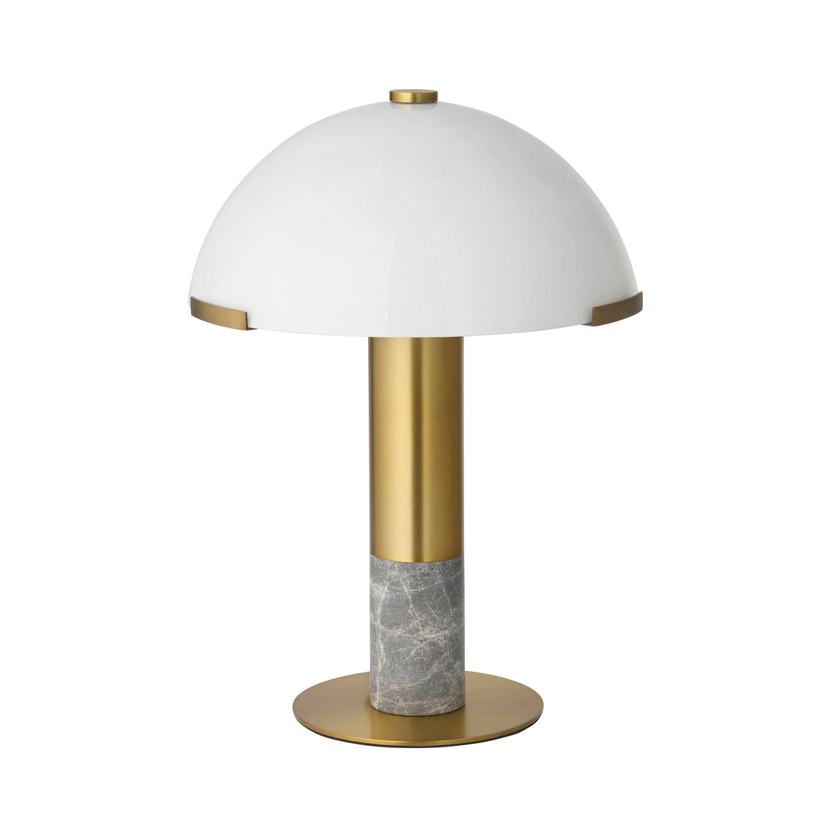 Hansel warm brass and grey marble table lamp with opal glass dome shade, shown unlit