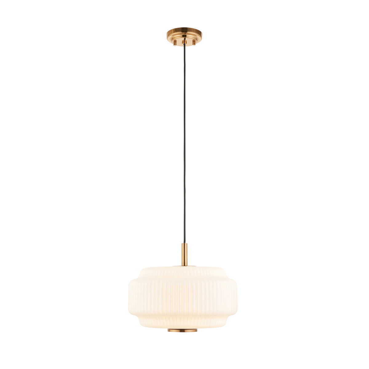 Evora pendant light with wide ribbed opal glass shade and aged brass ceiling rose on a black flex