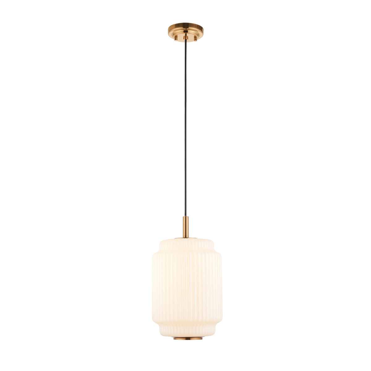 Evora aged brass pendant light with a tall cylindrical ribbed opal glass shade on a black flex