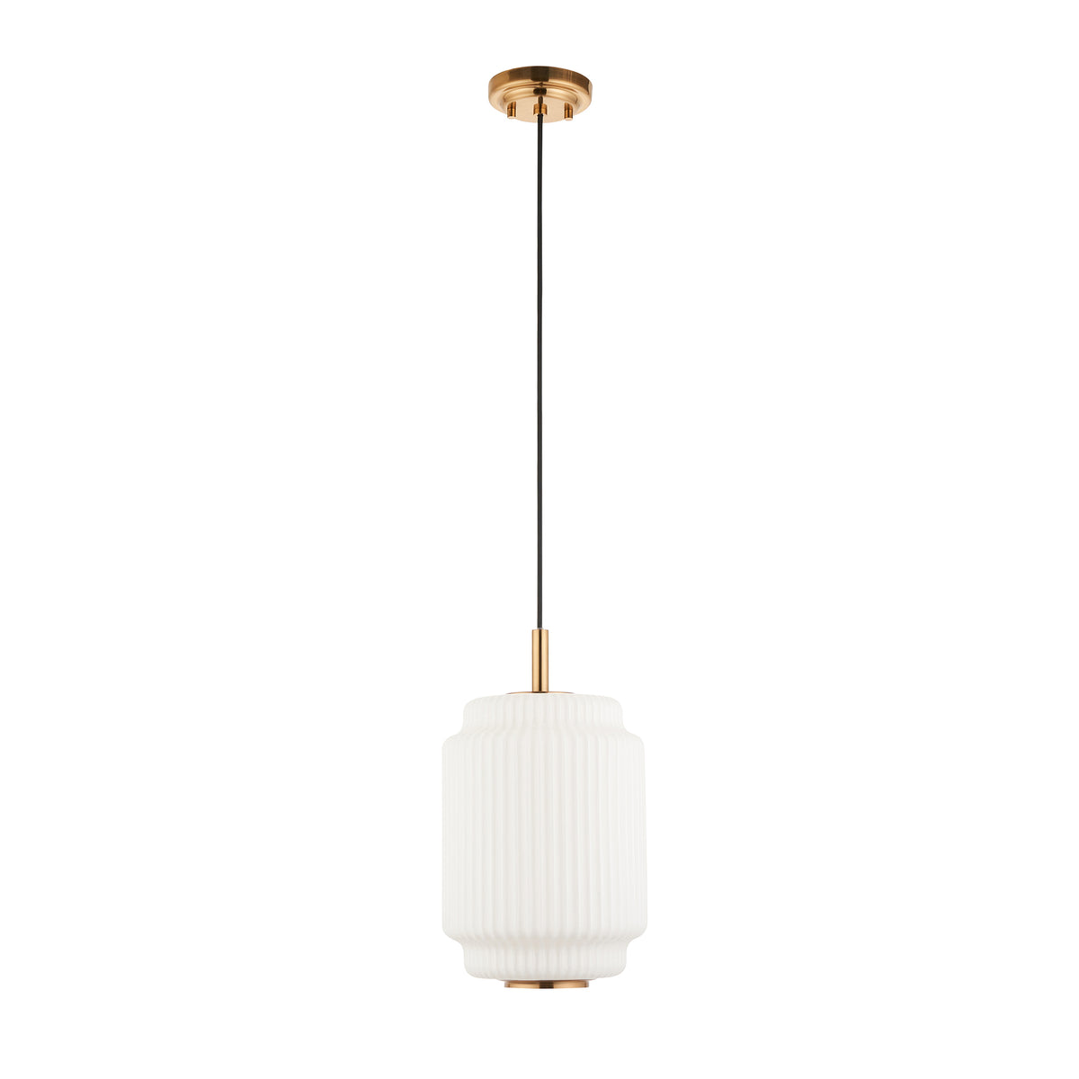 Evora pendant light with ribbed opal glass cylinder and aged brass ceiling rose, unlit