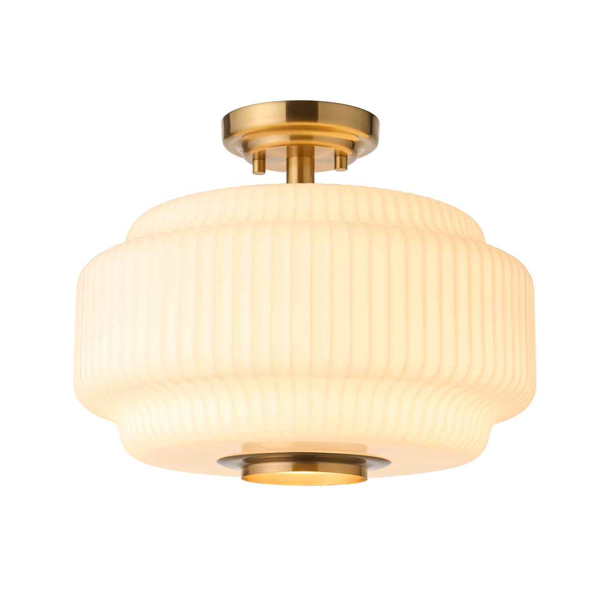 Evora aged brass flush ceiling light with a tiered ribbed opal glass shade and brass diffuser