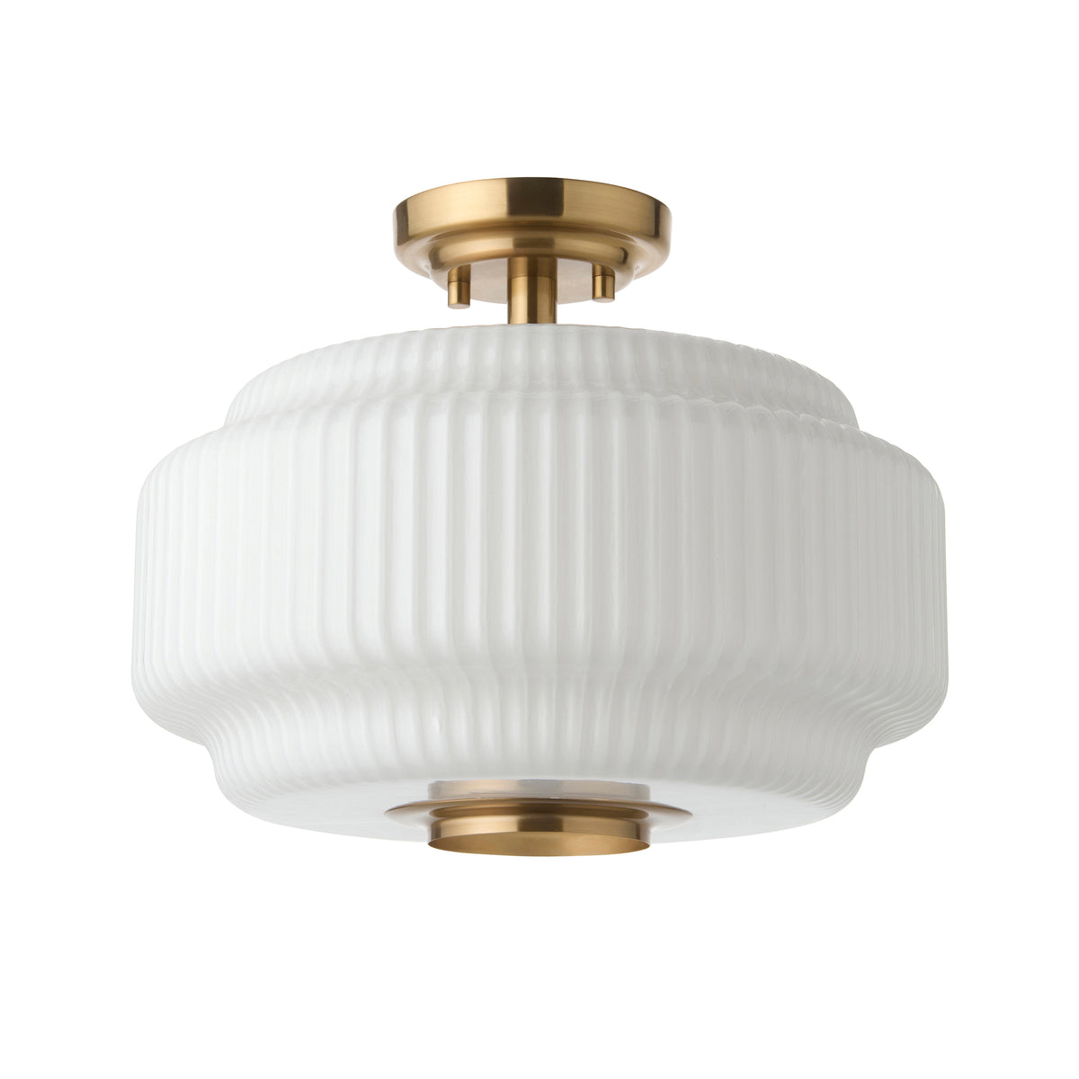 Evora aged brass flush ceiling light with ribbed opal glass shade, shown unlit