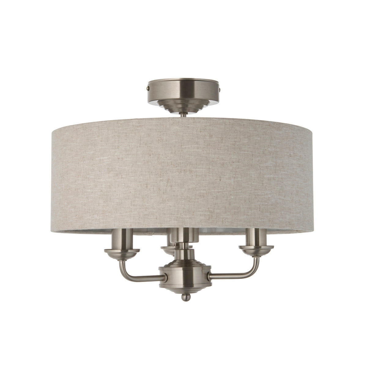 Highclere chrome flush ceiling light with natural linen drum shade, shown unlit