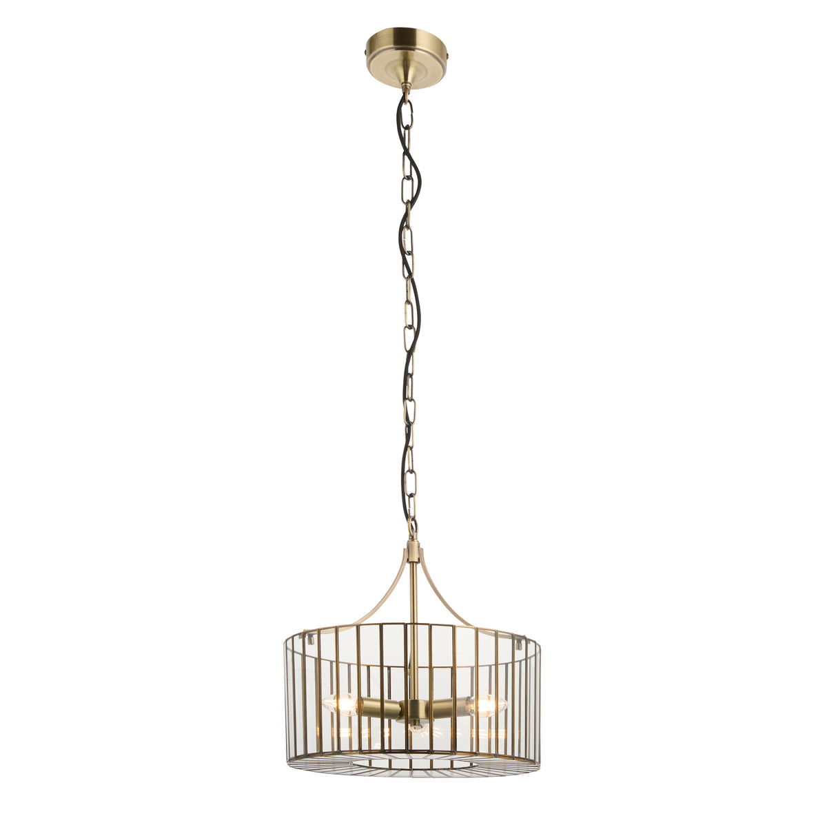 Antalya antique brass three-light pendant with chain, ceiling rose and caged drum shade