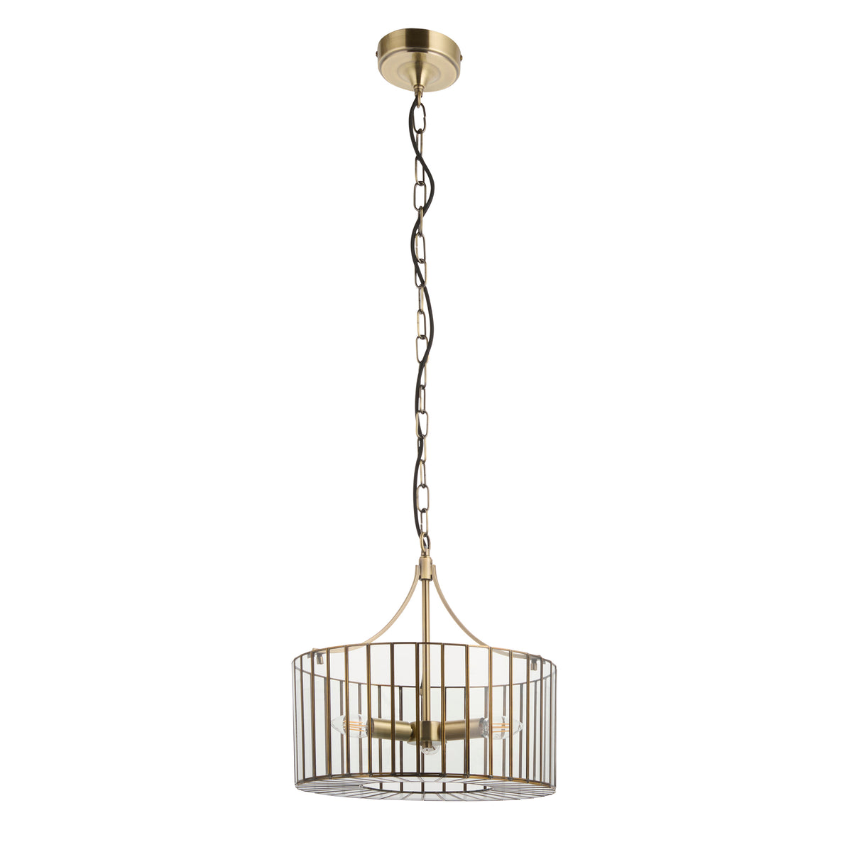 Antalya antique brass pendant shown against white with its brass cage shade and chain drop