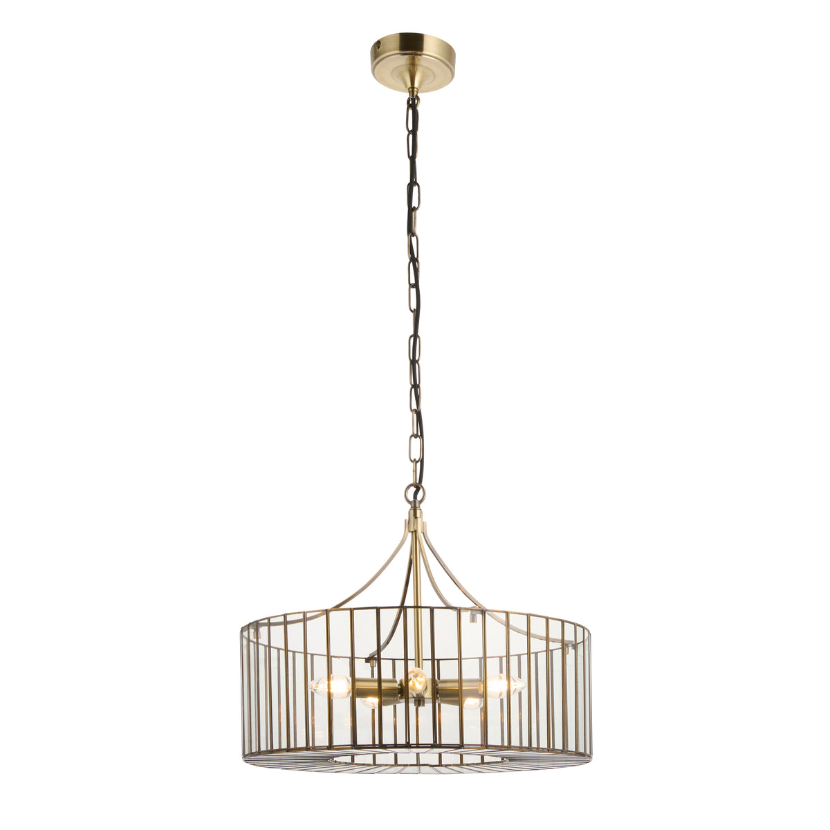 Antalya antique brass pendant light with clear glass panelled cage shade and chain suspension