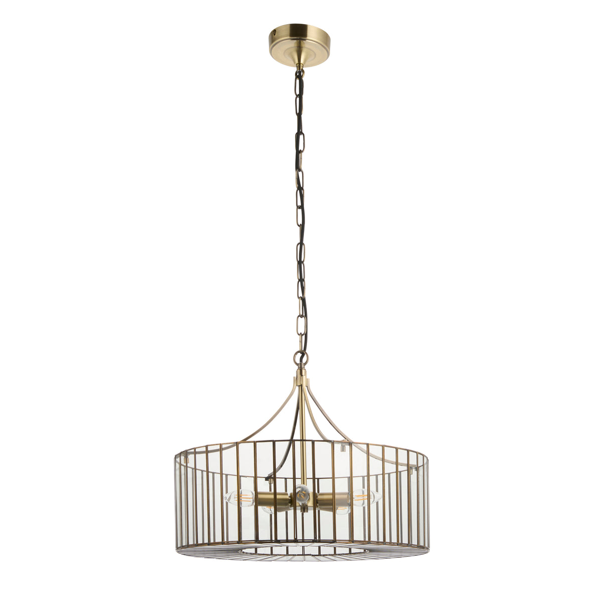 Antalya brass pendant light with chain, ceiling rose and glass-lined cage shade