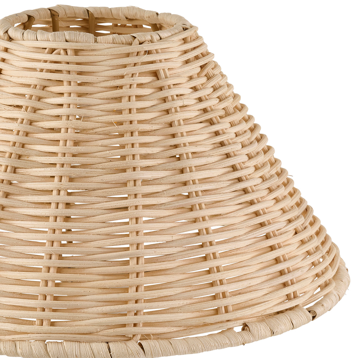 Detail of the tapered rattan shade's weave and rolled edge in natural cane